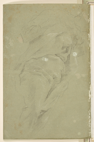 A study for a seated half-draped male figure, verso c.1638-44 (b/w chalk on grey-green paper)