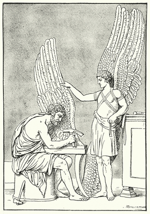 Daedalus making wings for his son, Icarus (litho)
