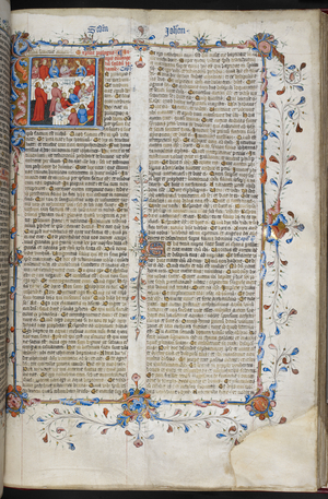 A historiated initial 'I'(n principio) of the marriage feast at Cana, at the beginning of John