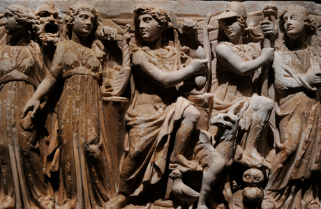 Roman Sarcophagus panel. Athena, Muses and Apollo. 3rd century AD (marble)