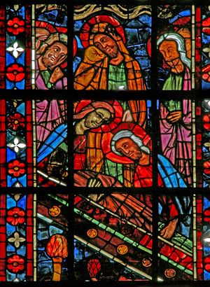 Window w201 depicting the Funeral of the Virgin Mary - the Apostles gather to attend (stained glass)