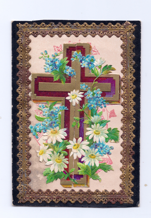A Victorian religious greeting card of a cross decorated with forget-me-nots and daisies with a gold embossed border, c.1880 (colour litho)