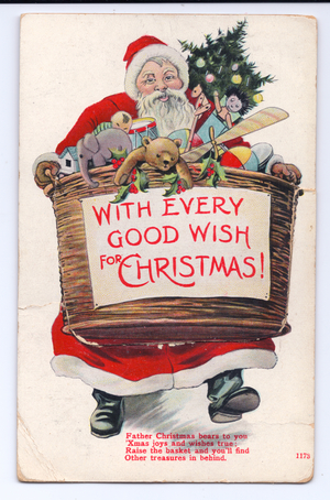 Edwardian Christmas postcard of Father Christmas carrying a large basket of toys, c.1910 (colour litho)