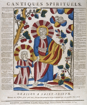 St Joseph and Jesus walking hand-in-hand. 18th-19th century (french woodcut)