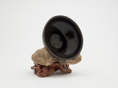 Tea bowl encrusted with sea shells with wooden stand (iron glaze)