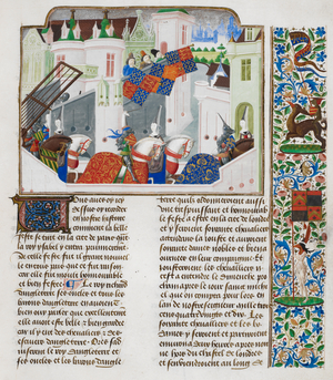 Knights and ladies riding to the tournament in London. Floral border and initial.