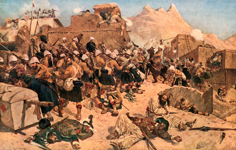 Kandahar. The 92nd Highlanders and 2nd Goorkhas Storming Gandi Mullah Sahibdad (colour litho)