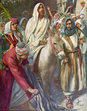 Christ's entry into Jerusalem, Matthew, 21, 5 (colour litho)
