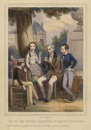 The children of today, destined for great things in the fields of morality and science (colour litho)