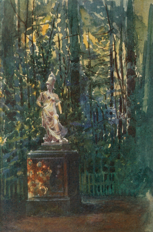The Labyrinth, Statue of Minerva, Versailles (colour litho)