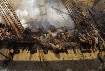Transport. Marine. Boarding in a naval battle (between french and english ships?). Painting, France, XIXth cent. (oil on canvas)