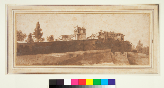 View of the Belvedere and the Fortification of the Vatican, 1630-1635 (pen and brown ink and brown wash)