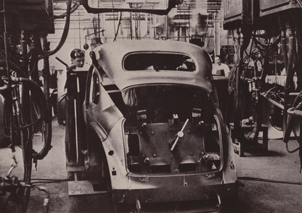 One of the spot welding stations on an Austin body assembly line (b/w photo)
