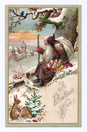 Edwardian New Year postcard of Father Christmas sitting on a hill with a sack of toys, c.1910 (colour litho)