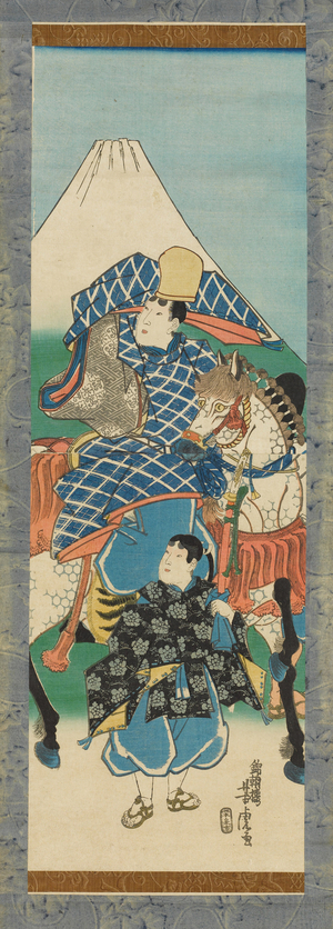 Scroll (kakemono) depicting a figure on horseback with Mt. Fuji in the background, before 1880 (colour woodblock print)