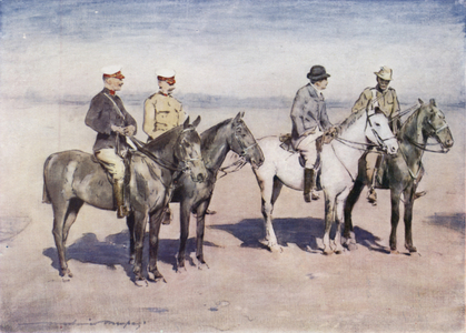 Sir Alfred Milner interviewing Colonel Cholmondeley of the CIV (colour litho)