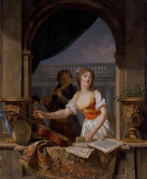 A Young Lady Reaching For A Guitar At A Stone Casement And A Boy Playing The Flute Beyond, 18th-19th century (oil on canvas)