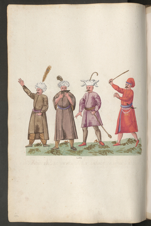 Four men, one with a musical instrument