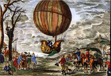 Flight of a hot air balloon under look of duke of Chartres in 1783, engraving