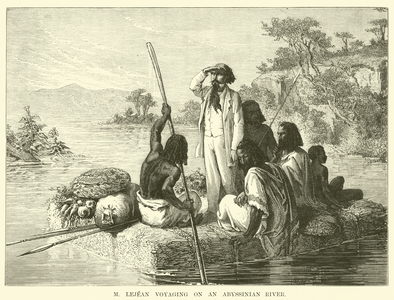 M Lejean voyaging on an Abyssinian River (engraving)