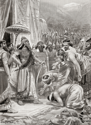 Phoenicians presenting gifts to Ashurbanipal in 876 BC, from Hutchinson's History of the Nations, pub.1915