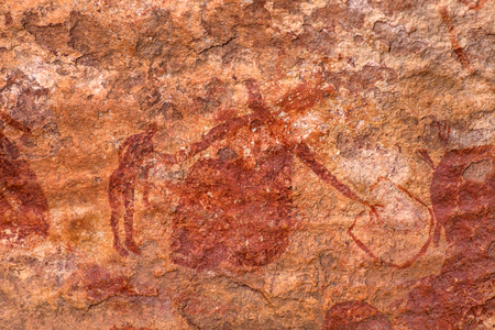 Rock painting depicting two warriors armed with spears, Tassili n’Ajjer, Tadart Rouge - Period of the horse, Tassili n'Ajjer, Algeria, 2000 (photo)