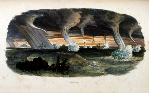 French 19th century illustration of a series of waterspouts