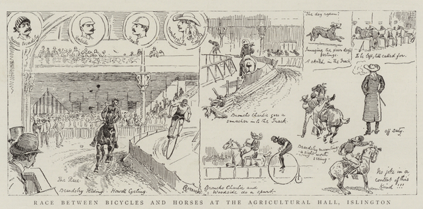 Race between Bicycles and Horses at the Agricultural Hall, Islington (engraving)