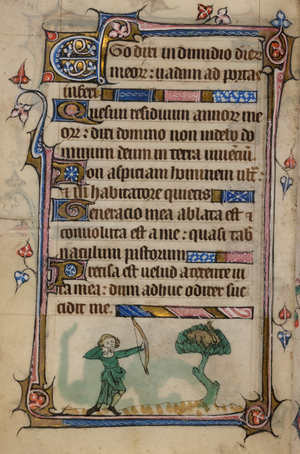 Bas-de-page scene of a man with a bow and arrow aiming at a squirrel in a tree
