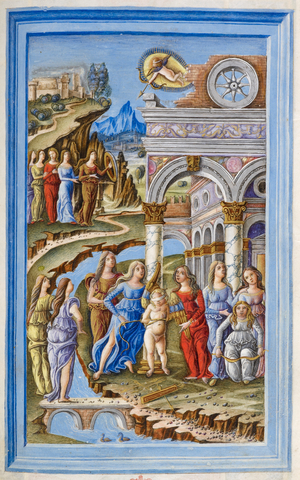 Triumph of Chastity. Cupid in an aureole shoots at a nymph protected by a shield. Below, in front of a classical arcade, the nymphs bind Cupid and break his bow. Produced for a member of the Romei family of Ferrara