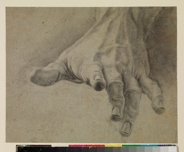Study of a left hand, 18th century (black & white chalk with stumping on blue laid paper)