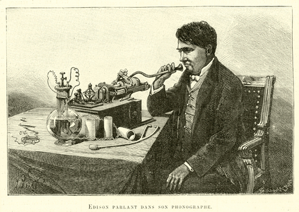Edison parlant dans son phonographe (engraving)