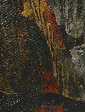 Haus und Mauer vor hügeligem Gelände ... (oil on canvas)