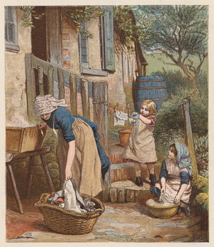 Doing the laundry (colour litho)