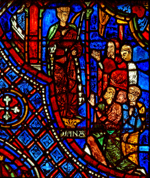 A group worshipping a statue of Diana (w29a) (stained glass)