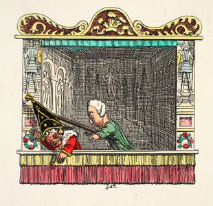 Punch being hit from behind by the Doctor from 'Punch and Judy', pub. 1827 (hand coloured engraving)
