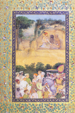 India: Emperor Jahangir talking with Gosain Jadrup, Moghul miniature painting, c. 1620