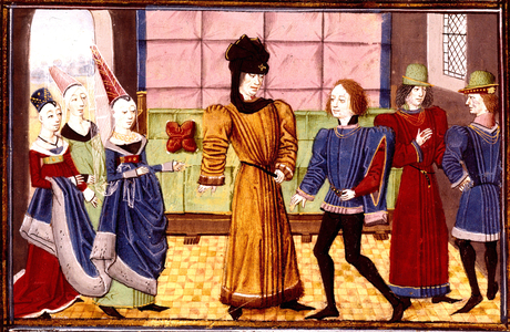 The duke wants to marry Girart and Eglantine, illumination from French book "Roman de Girart de Nevers" 15th century