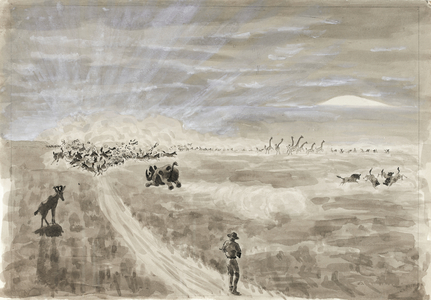 A hunter observing a rhino charge (ink and wash)