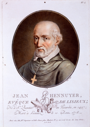 Jean Hennuyer, Bishop of Lisieux, from 'Portraits des grands hommes, femmes illustres, et sujets memorables de France', published 1787-92 (colour litho) 

