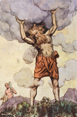 Atlas holds up the sky (colour litho)