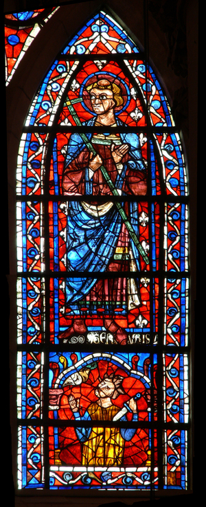 Window w100 depicting St Gervais - below a king kills himself (stained glass)