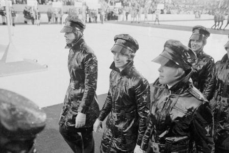 Opening ceremonies of the Alpine World Ski Championships in Val Gardena, 1970 (b/w photo)