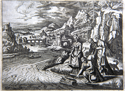 Moses found by Pharaoh's daughter. Engraving. French Bible 1687