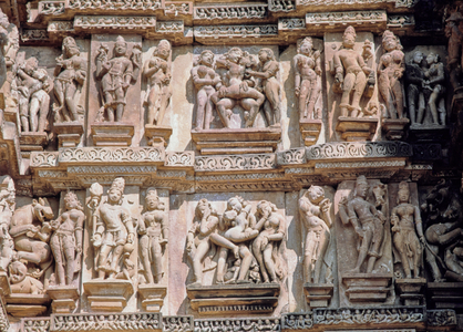 Sculpture detail, Temple at Khajuraho, India (photo)