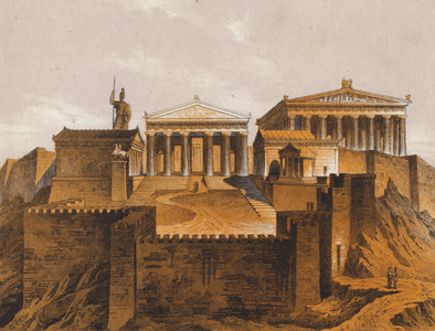 The Propylaea, ancient Athens, Greece (colour litho)