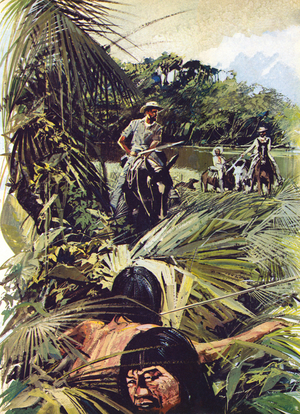 Colonel Percy Fawcett exploring the Matto Grosso (colour litho)