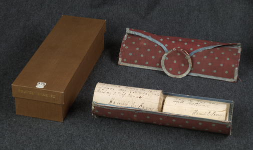 Illustrated travel diary and route map in roll form, compiled by Harriet E. Parry, of Speen Hill, Newbury, co. Berk.; 1819, 1825.