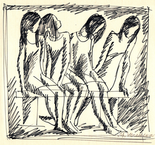 Four Girls on Bench, 1974 (felt-tip pen on paper)