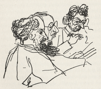 Igor Stravinsky (Russian composer) with Ernest Ansermet (Swiss conductor) and Alexander von Zemlinsky (Austrian composer and conductor) looking at score-caricature